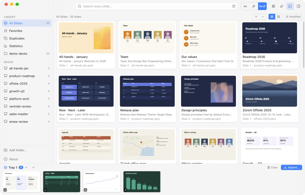 The Slideflow app on macOS: a sidebar of eight indexed decks, a grid of slide previews with charts, tables, diagrams and photos, and a tray at the bottom holding four picked slides ready to export.